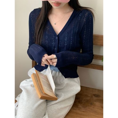 Actual shot of spring new women's solid color niche hollow knitted cardigan 2024 thin long-sleeved coat for women