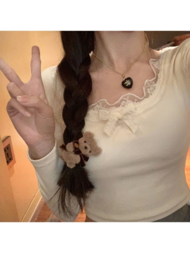 1*1 Threaded Velvet 280g Pure Desire Lace Trim Long Sleeve Versatile Slimming Bodysuit Short Top 