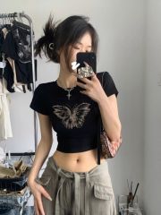 American retro black right shoulder short-sleeved T-shirt for women in summer Maillard wear with French pinch waist
