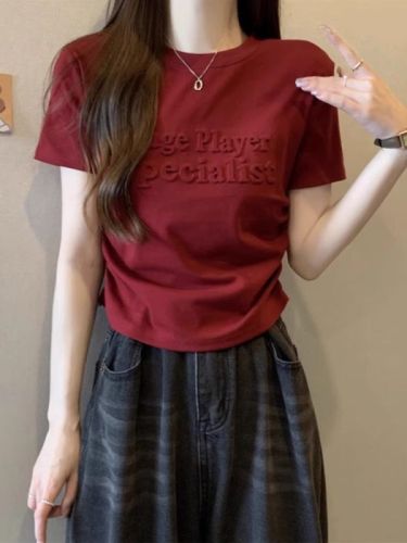 Burgundy short-sleeved T-shirt for women summer 2024 new design pleated slim waist short irregular top