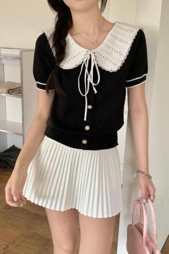 Real shot ~ Large size design doll collar fungus edge sweater summer new women's clothing fat mm slimming sweet top