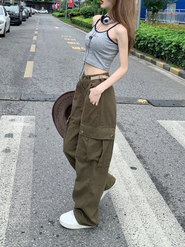 Real shot of adjustable high-waist slim straight overalls for women high street multi-pocket casual wide-leg pants trendy ins