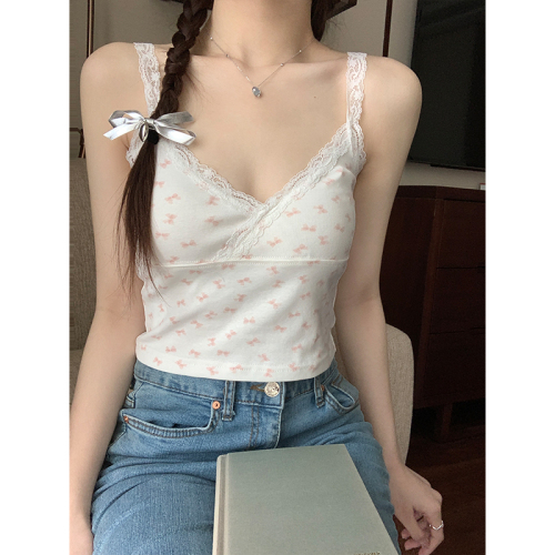 Real shot of retro simple floral girly and versatile suspender for women pure desire lace v-neck vest
