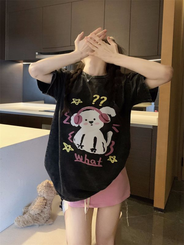 Real shot of 2024 summer dog listening to music short-sleeved black T-shirt for men and women, cute pure cotton T-shirt
