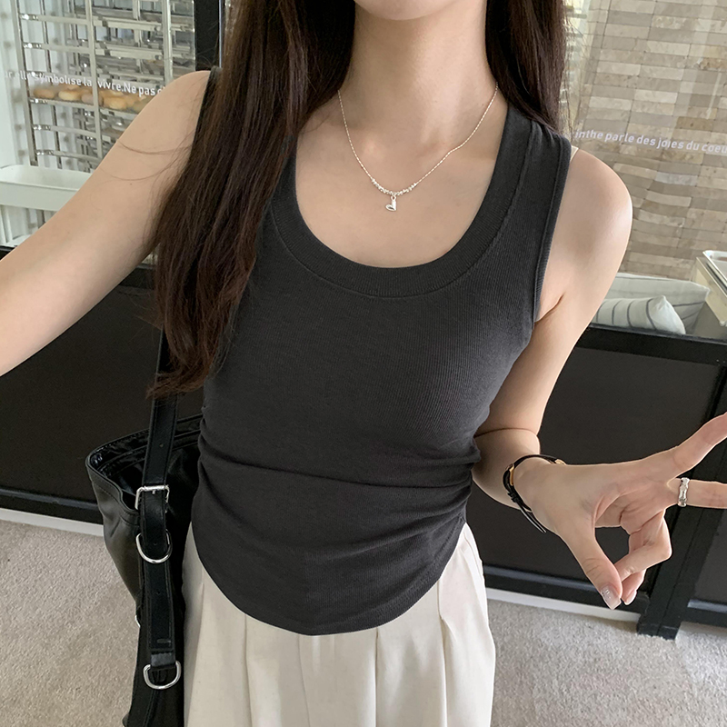 實拍圖U領褶皺收腰背心女2024春夏新款辣妹休閒運動外穿無袖上衣