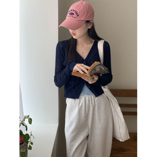 Actual shot of new spring and summer hollow knitted cardigan jacket for women 2024 short solid color long-sleeved outer top