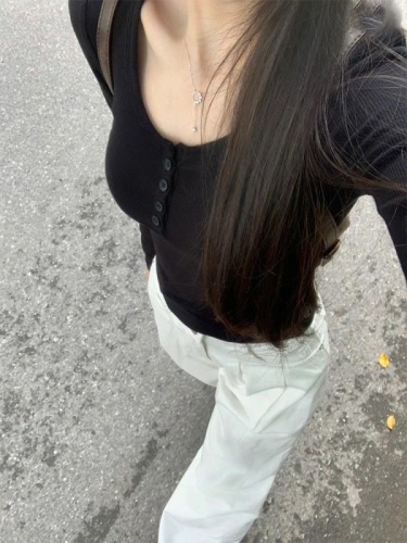 2*2 ribbed terry 240g pink women's autumn winter long sleeve t-shirt top with chest pad and slim fit