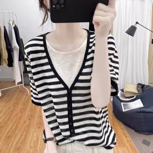 Summer ice silk V-neck fake two-piece short-sleeved sweater for women 2024 Korean loose T-shirt age-reducing top air-conditioned shirt