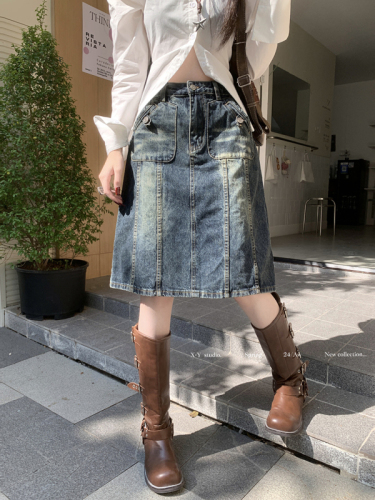Actual shot 4 Spring and summer new style American retro distressed washed slim straight A-line denim skirt
