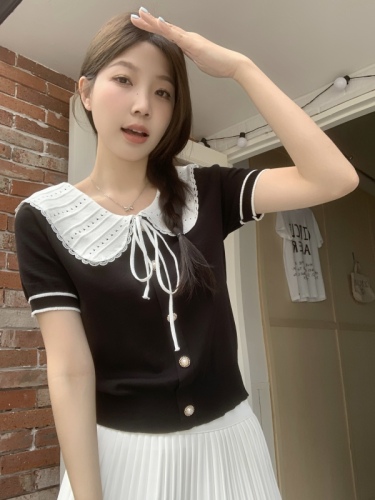 Real shot ~ Large size design doll collar fungus edge sweater summer new women's clothing fat mm slimming sweet top