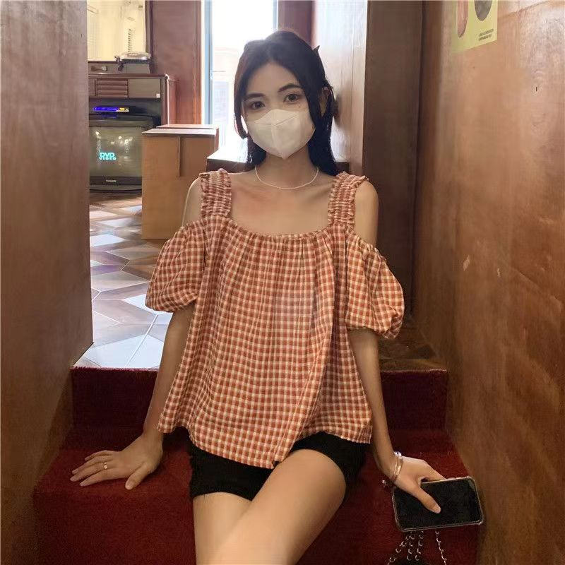 韓國Chic夏季吊帶露肩泡泡袖格子襯衫女短款寬鬆休閒洋氣百搭上衣
