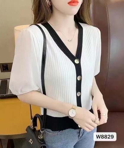 Summer new style Korean style goddess style V-neck chiffon puff sleeve short-sleeved cardigan knitted top