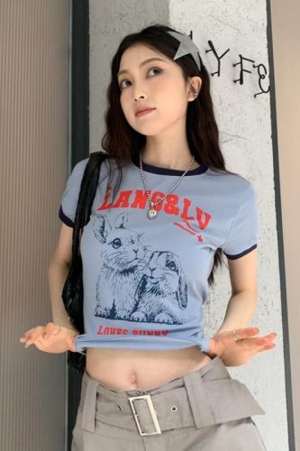Actual shot of summer new American retro contrasting edge cartoon round neck slimming short T-shirt top for women
