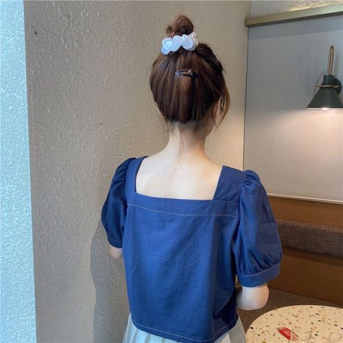 Original workmanship, square collar, women's short-sleeved summer sweet temperament, puff-sleeved short top with niche design