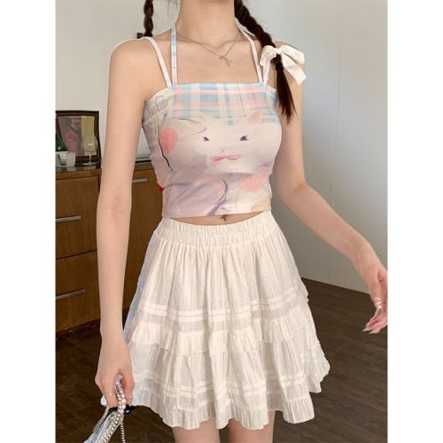 Real shot of summer dopamine outfit slim-fitting lace-up small suspenders for women 2024 new style printed tube top
