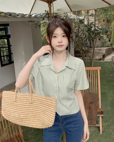 Actual shot of new summer design niche, sweet, salty, gentle temperament, loose striped short-sleeved shirt