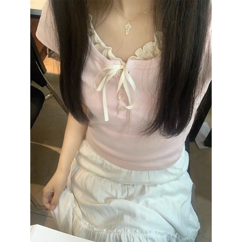 2024 Korean new fashion 92 cotton/8 spandex 40 count 210g pure cotton, lace and fake two-piece drawstring short sleeves