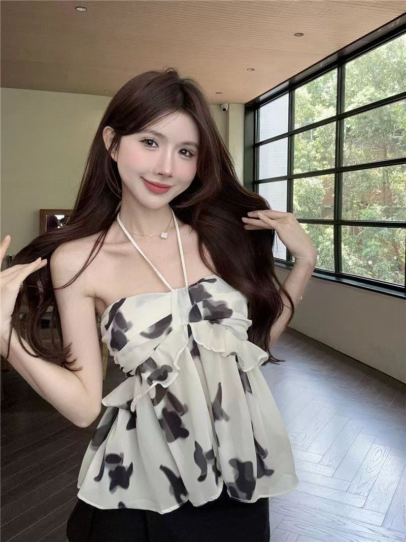 荷葉邊性感辣妹露背水墨掛脖背心夏季新款純欲收腰顯瘦無袖上衣女
