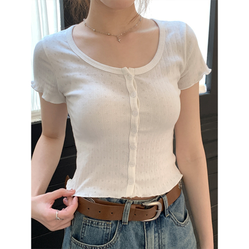 Real shot of retro small floral collarbone short-sleeved T-shirt women's spring and summer slimming short right shoulder top