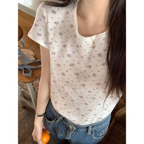 Actual shot of 2024 summer Korean version ins lace floral waffle short-sleeved tops women's casual round neck all-match T-shirt
