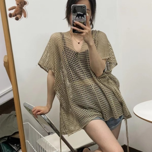 Foreign trade European and American clothing machine-woven hollow irregular slit beach dress sun protection cover-up
