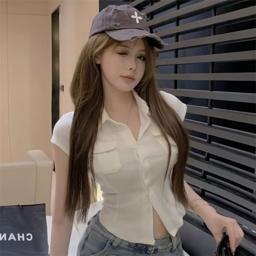 White lapel short-sleeved shirt for hot girls with pure lusty waist and crop top