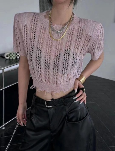 2024夏季新款韩版条纹撞色镂空短袖针织衫女慵懒减龄百搭上衣潮