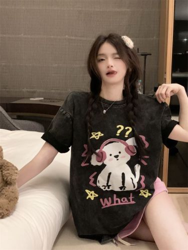 Real shot of 2024 summer dog listening to music short-sleeved black T-shirt for men and women, cute pure cotton T-shirt