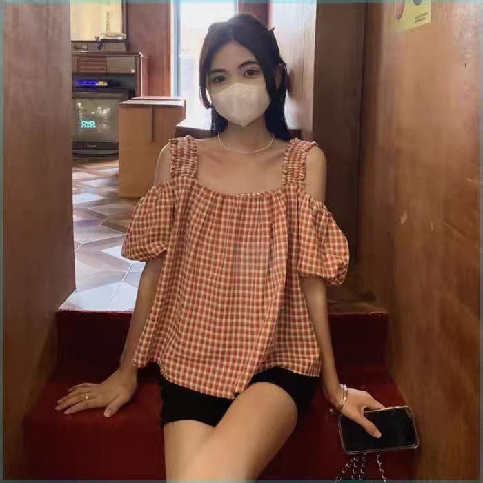 韓國Chic夏季吊帶露肩泡泡袖格子襯衫女短款寬鬆休閒洋氣百搭上衣