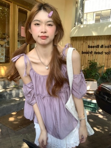实拍～韩系夏季灰紫色露肩系带木耳边设计感洋气小衫～