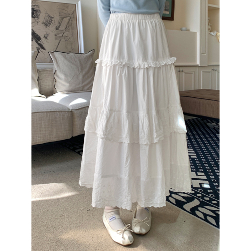 Real shot of heavy industry hollow lace splicing white long skirt for women summer new pure lust style versatile skirt with lining