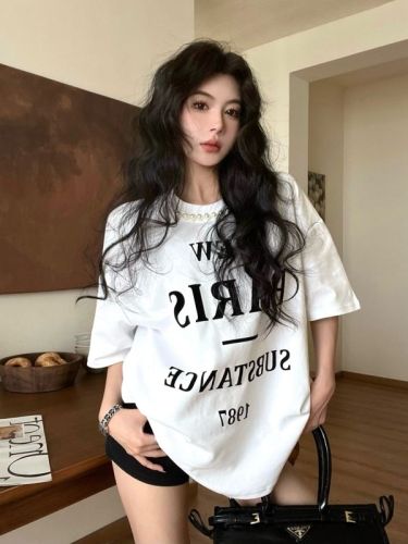 Real shot of new summer retro age-reducing letter flocking print pearl loose mid-length short-sleeved T-shirt