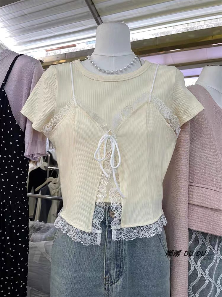 Women's East Gate Clothing 2024 Spring Collection Unique and Stylish Blouses for Summer with Lace Edge, Small Tank Tops for Layering with T-shirts, Two-Piece Set