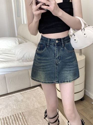 Real shot ~ American hot girl retro washed and distressed denim skirt for women summer anti-exposure high-waisted short skirt
