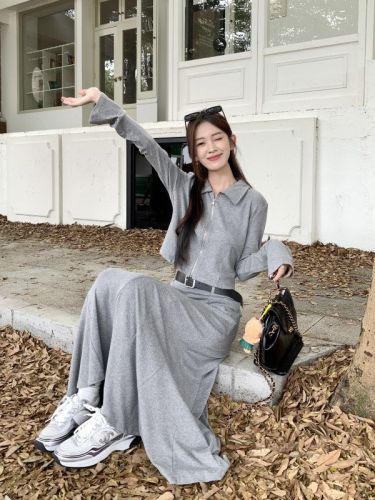 实拍 灰色韩式修身百搭套装纯色气质潮流套装两件套