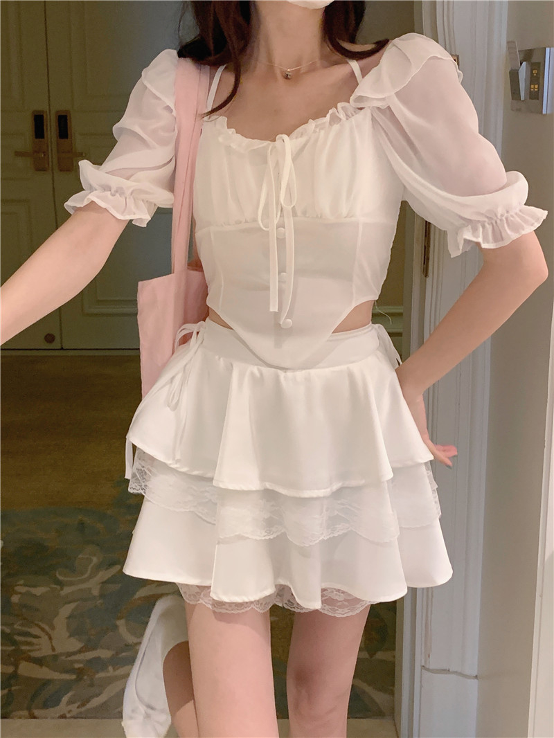 Lace stitching ballet style fluffy skirt women's high waist slimming cake skirt design niche a line short skirt trendy