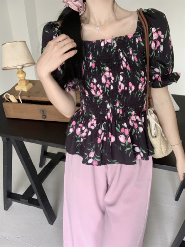 B021 real shot large size one shoulder shirt women's summer fat MM slimming niche French floral short top