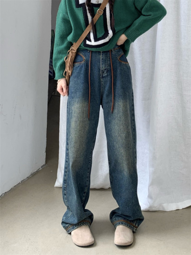 梨型身材复古抽绳简约直筒牛仔裤女春季设计感小个子阔腿裤