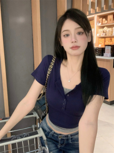 Real shot of sweet hot girl short-sleeved T-shirt female pure desire purple elastic slim basic tight sexy short top