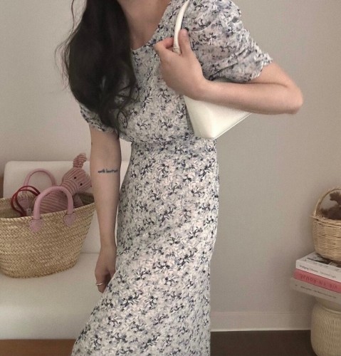 Korean chic summer floral dress, back slit, strappy waist long chiffon skirt