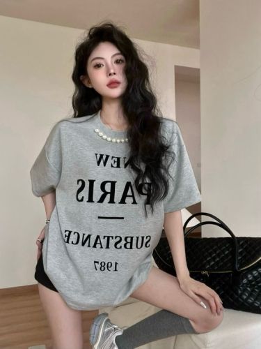 Real shot of new summer retro age-reducing letter flocking print pearl loose mid-length short-sleeved T-shirt