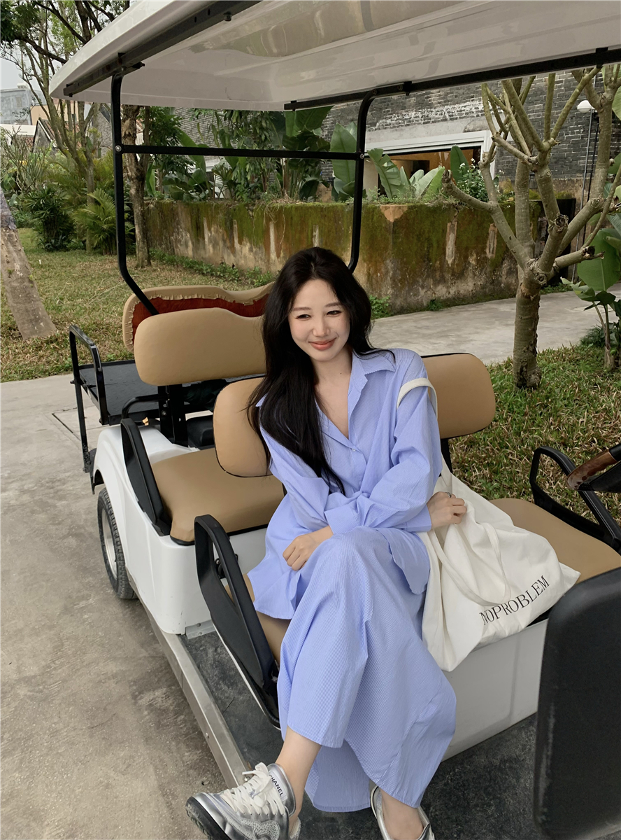 Photographed Blue Striped Casual Korean Style Long-Sleeved Shirt and Skirt Set Fashion New Ins Niche