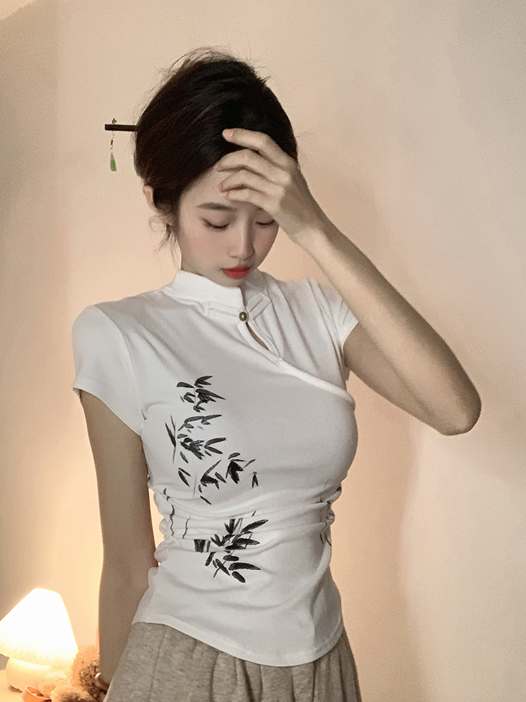 Original~real shot~national style series~printed slimming short-sleeved T-shirt for women summer