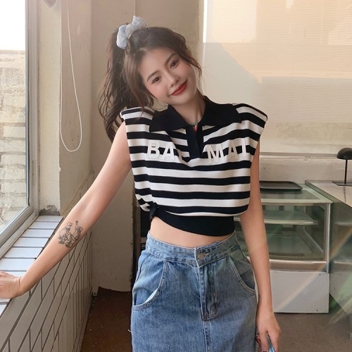 Polo collar sleeveless vest for women summer Korean version 2024 new sweet and spicy striped letters all-match short top