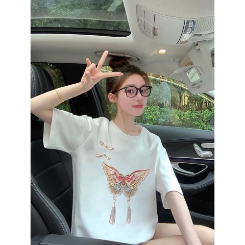 白色蝴蝶刺绣短袖t恤女夏季2024新款中式国风盘扣重工设计感上衣