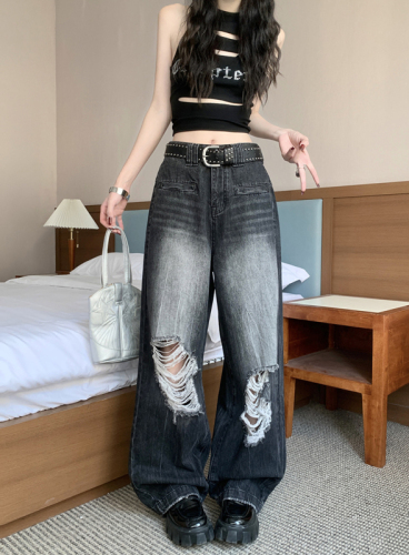 Actual shot of 2024 spring and summer new style rock punk heavy crafts washed washed holes loose straight jeans for women