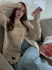 破洞開叉毛衣女寬鬆慵懶風設計感小眾不規則鏤空薄款針織衫春秋款