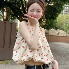 吊帶上衣外穿女夏日新款韓系復古設計感甜辣小清新櫻桃無袖娃娃衫