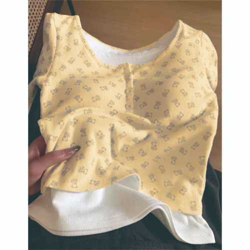 2*2 Threaded Deerskin Cute and Korean Style! Bear Print Base Shirt Two-Piece Waist Cinching Slimming Top