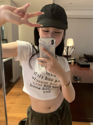 Real shot of niche hot girl pure cotton simple slim fit letter printed slimming and age-reducing short navel-baring short-sleeved T-shirt top